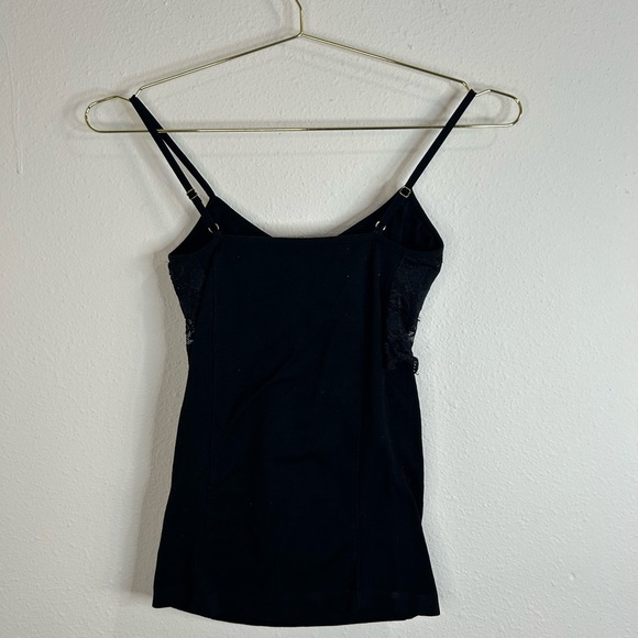 Black Lace Trim Camisole Top Adjustable Straps Stretchy Ribbed Tank One Size - Picture 6 of 8